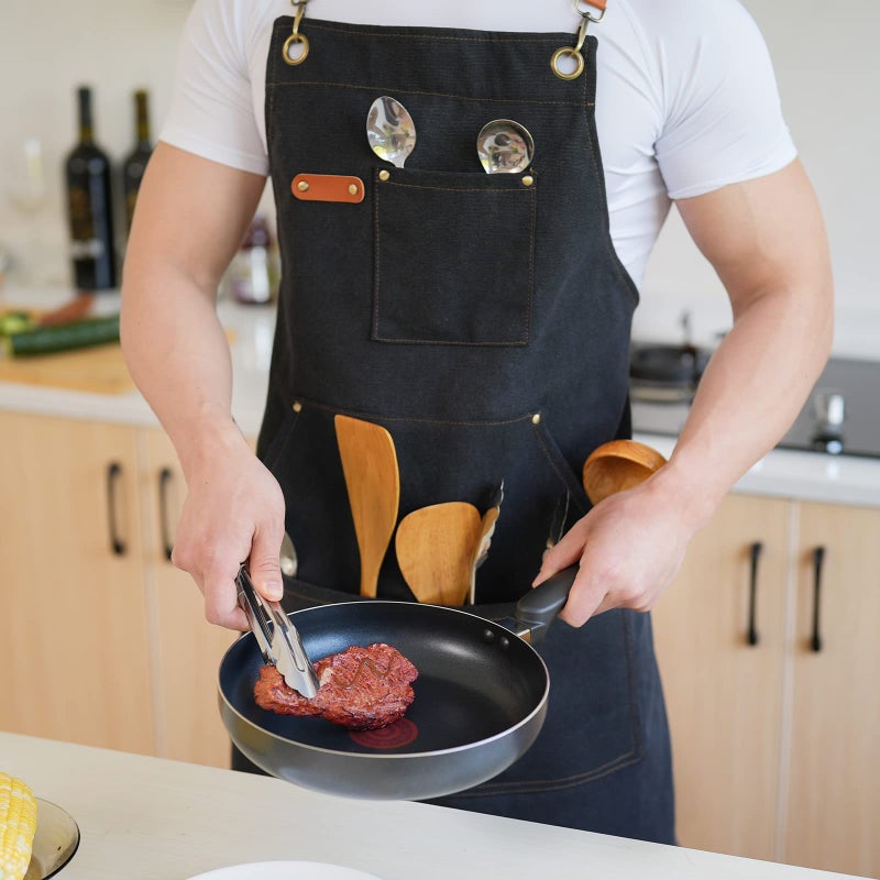 Aoomzoon Canvas Aprons for Men Chef Apron, Work Apron with Large Pockets - Durable 16oz Heavy Duty Cross Back, BBQ, Cooking (Blackâ‘¡, 1 Pack) - Image 3