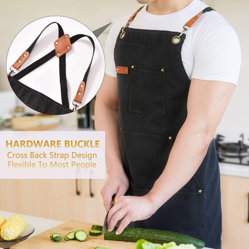 Aoomzoon Canvas Aprons for Men Chef Apron, Work Apron with Large Pockets - Durable 16oz Heavy Duty Cross Back, BBQ, Cooking (Blackâ‘¡, 1 Pack) - Image 2