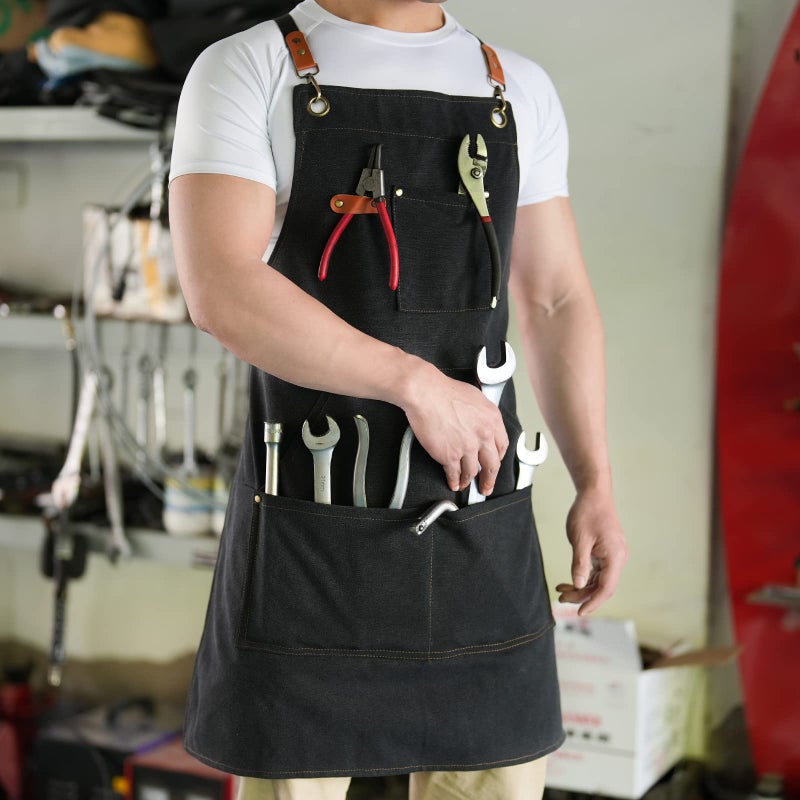 Aoomzoon Canvas Aprons for Men Chef Apron, Work Apron with Large Pockets - Durable 16oz Heavy Duty Cross Back, BBQ, Cooking (Blackâ‘¡, 1 Pack) - Image 4