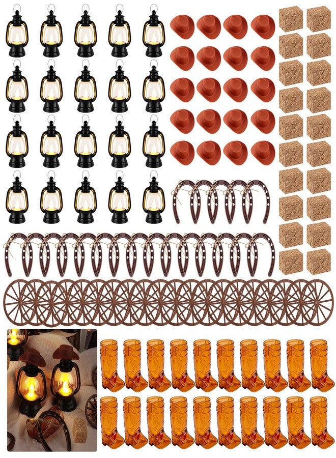 PLUVAVA 120 Pieces Western Theme Party Centerpiece Cowboy Party Decor with Mini Lantern Cowboy Hat Boot Shot Hay Bales Horseshoe Wagon Wheel for Western Birthday Wedding Rustic Country Decor (120 PCS) - Image 1