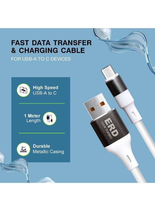 ERD كابل ERD USB-A إلى USB-C، شحن سريع توربو بقوة 120 واط ونقل بيانات عالي السرعة | سلك متين وخفيف الوزن بطول متر واحد | عمر افتراضي يصل إلى 15000 انحناءة | للهواتف الذكية والأجهزة اللوحية وغيرها - Image 3
