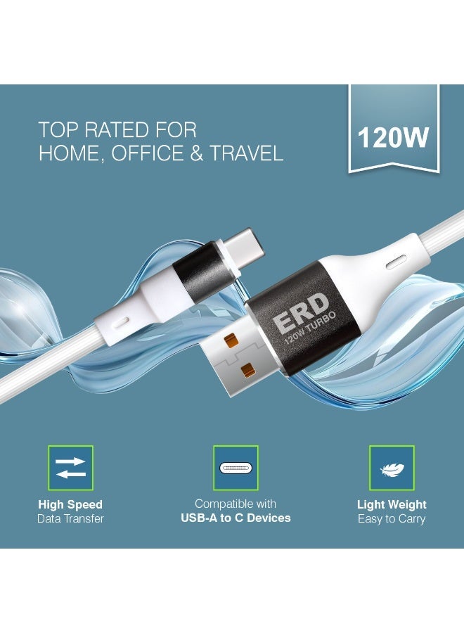 ERD كابل ERD USB-A إلى USB-C، شحن سريع توربو بقوة 120 واط ونقل بيانات عالي السرعة | سلك متين وخفيف الوزن بطول متر واحد | عمر افتراضي يصل إلى 15000 انحناءة | للهواتف الذكية والأجهزة اللوحية وغيرها - Image 1