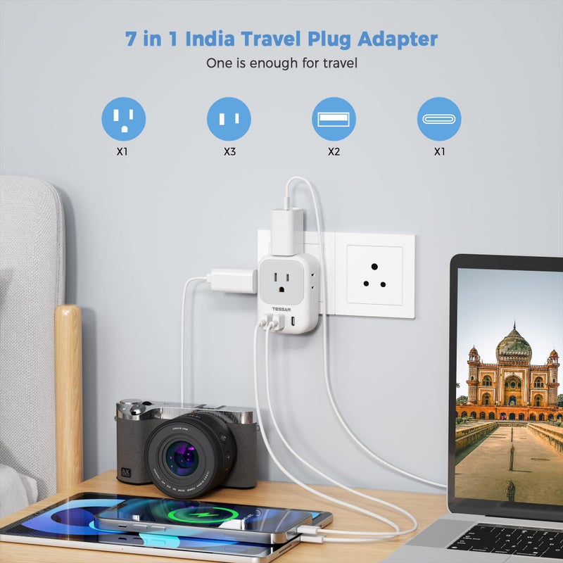 TESSAN محول تيسان من الولايات المتحدة إلى الهند، محول طاقة هندي مع 4 مآخذ أمريكية و 3 شواحن USB (1 منفذ USB C)، محول سفر من النوع D من الولايات المتحدة إلى بنغلاديش المالديف نيبال باكستان - Image 2