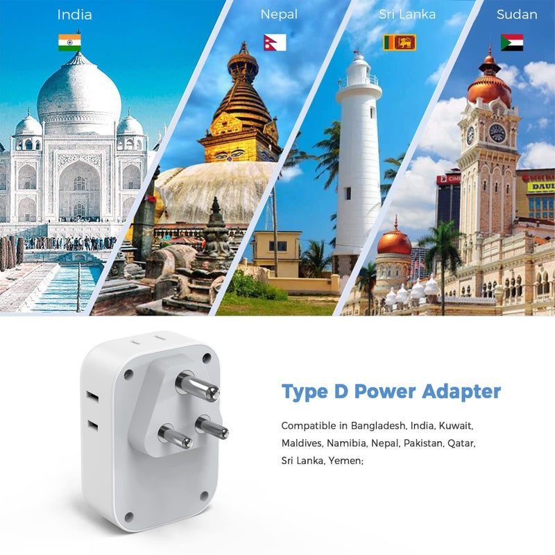 TESSAN محول تيسان من الولايات المتحدة إلى الهند، محول طاقة هندي مع 4 مآخذ أمريكية و 3 شواحن USB (1 منفذ USB C)، محول سفر من النوع D من الولايات المتحدة إلى بنغلاديش المالديف نيبال باكستان - Image 3