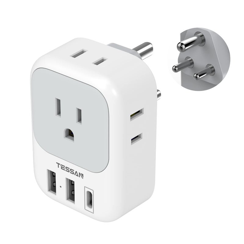 TESSAN محول تيسان من الولايات المتحدة إلى الهند، محول طاقة هندي مع 4 مآخذ أمريكية و 3 شواحن USB (1 منفذ USB C)، محول سفر من النوع D من الولايات المتحدة إلى بنغلاديش المالديف نيبال باكستان - Image 1