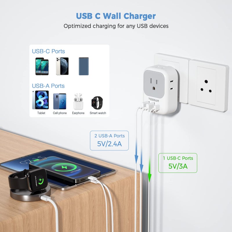 TESSAN محول تيسان من الولايات المتحدة إلى الهند، محول طاقة هندي مع 4 مآخذ أمريكية و 3 شواحن USB (1 منفذ USB C)، محول سفر من النوع D من الولايات المتحدة إلى بنغلاديش المالديف نيبال باكستان - Image 4