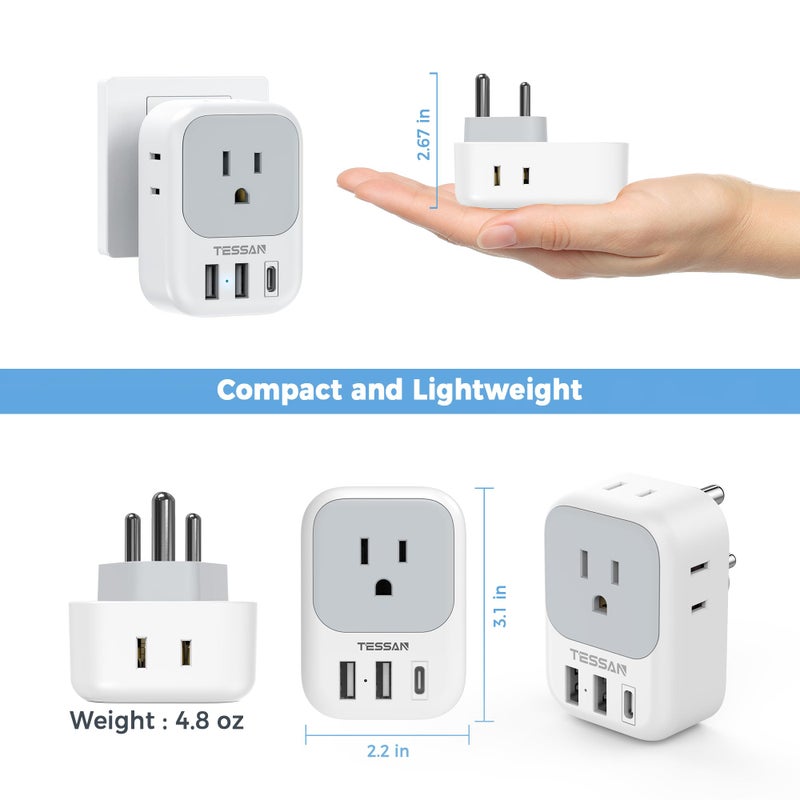 TESSAN محول تيسان من الولايات المتحدة إلى الهند، محول طاقة هندي مع 4 مآخذ أمريكية و 3 شواحن USB (1 منفذ USB C)، محول سفر من النوع D من الولايات المتحدة إلى بنغلاديش المالديف نيبال باكستان - Image 5