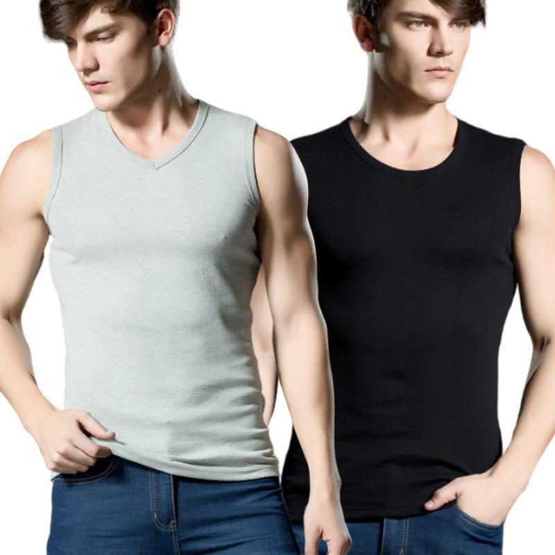 Men's Vest Sleeveless Sports Fitness Wide Shoulder Solid Color Round Neck Breathable Summer Waistle T-shirt Undershirt V-neck Base Repair - Image 3