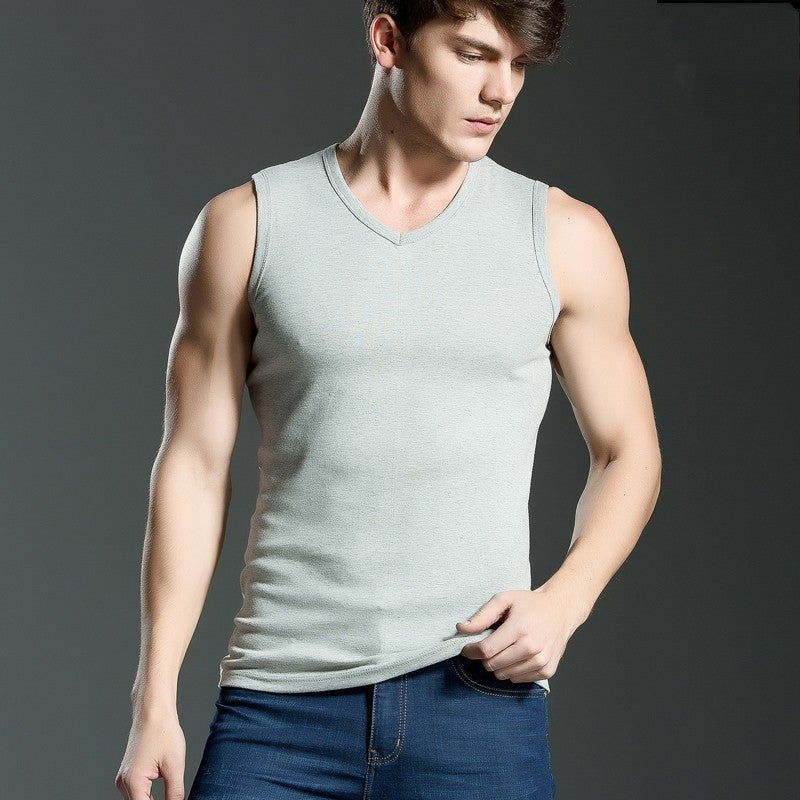 Men's Vest Sleeveless Sports Fitness Wide Shoulder Solid Color Round Neck Breathable Summer Waistle T-shirt Undershirt V-neck Base Repair - Image 5
