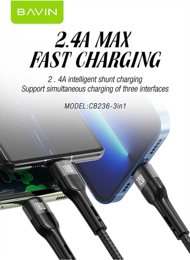Bavin 3 in 1 Multi Charging Cable, Nylon Braided 1.2M 18W USB to Lightning & USB-C USB to Micro Multi Charger Cord for Multiple Devices Apple & Android Fast Charger Cable Black  - Image 2