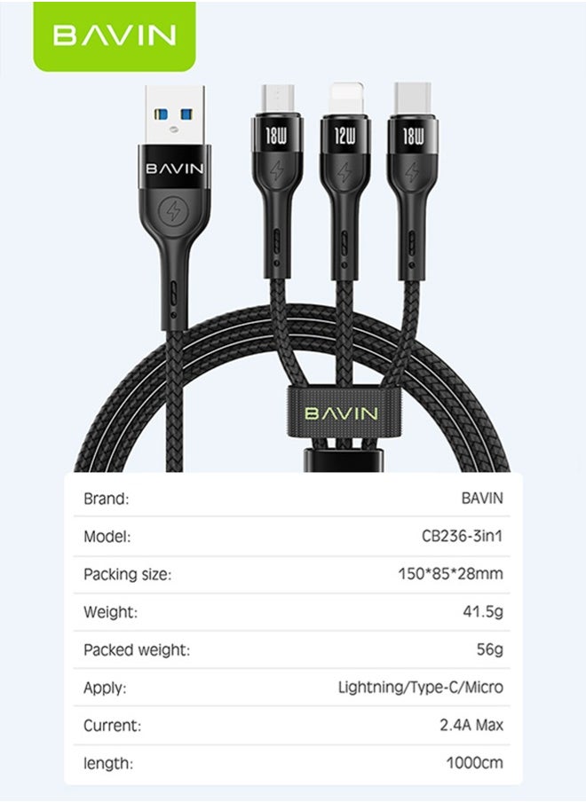 Bavin - 3 in 1 Multi Charging Cable, Nylon Braided 1.2M 18W USB to Lightning & USB-C USB to Micro Multi Charger Cord for Multiple Devices Apple & Android Fast Charger Cable Black - Image 1