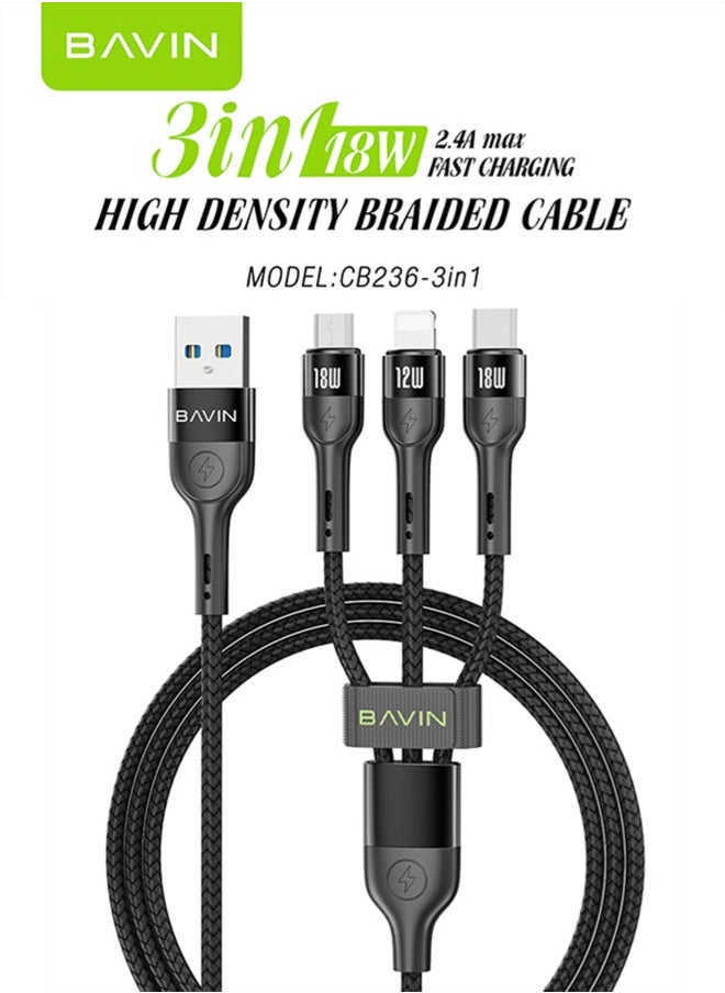 Bavin 3 in 1 Multi Charging Cable, Nylon Braided 1.2M 18W USB to Lightning & USB-C USB to Micro Multi Charger Cord for Multiple Devices Apple & Android Fast Charger Cable Black  - Image 1