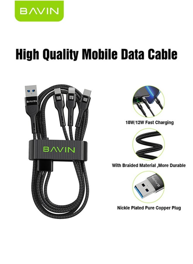 Bavin - 3 in 1 Multi Charging Cable, Nylon Braided 1.2M 18W USB to Lightning & USB-C USB to Micro Multi Charger Cord for Multiple Devices Apple & Android Fast Charger Cable Black - Image 1