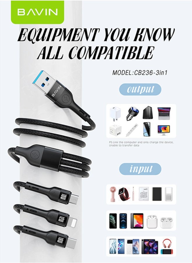 Bavin 3 in 1 Multi Charging Cable, Nylon Braided 1.2M 18W USB to Lightning & USB-C USB to Micro Multi Charger Cord for Multiple Devices Apple & Android Fast Charger Cable Black  - Image 4