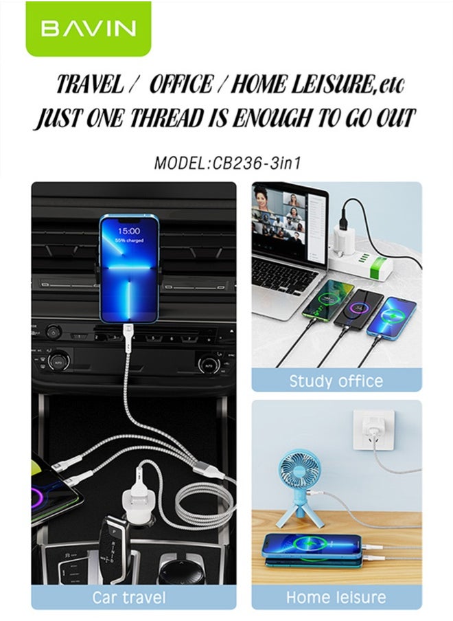 Bavin 3 in 1 Multi Charging Cable, Nylon Braided 1.2M 18W USB to Lightning & USB-C USB to Micro Multi Charger Cord for Multiple Devices Apple & Android Fast Charger Cable Black  - Image 3