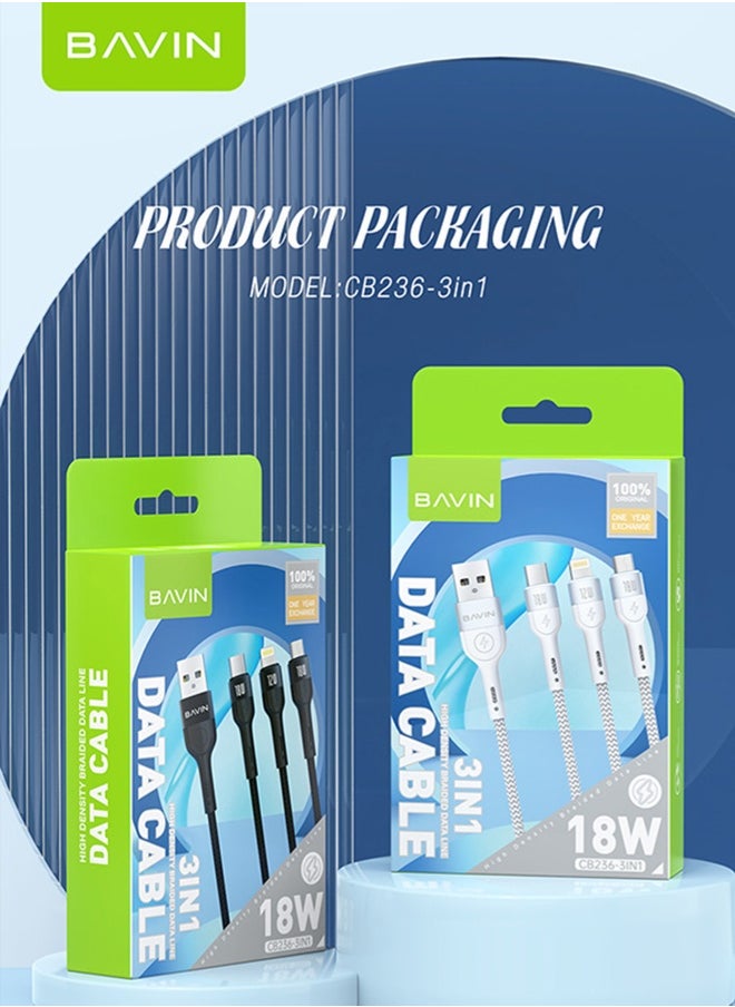 Bavin - 3 in 1 Multi Charging Cable, Nylon Braided 1.2M 18W USB to Lightning & USB-C USB to Micro Multi Charger Cord for Multiple Devices Apple & Android Fast Charger Cable Black - Image 1
