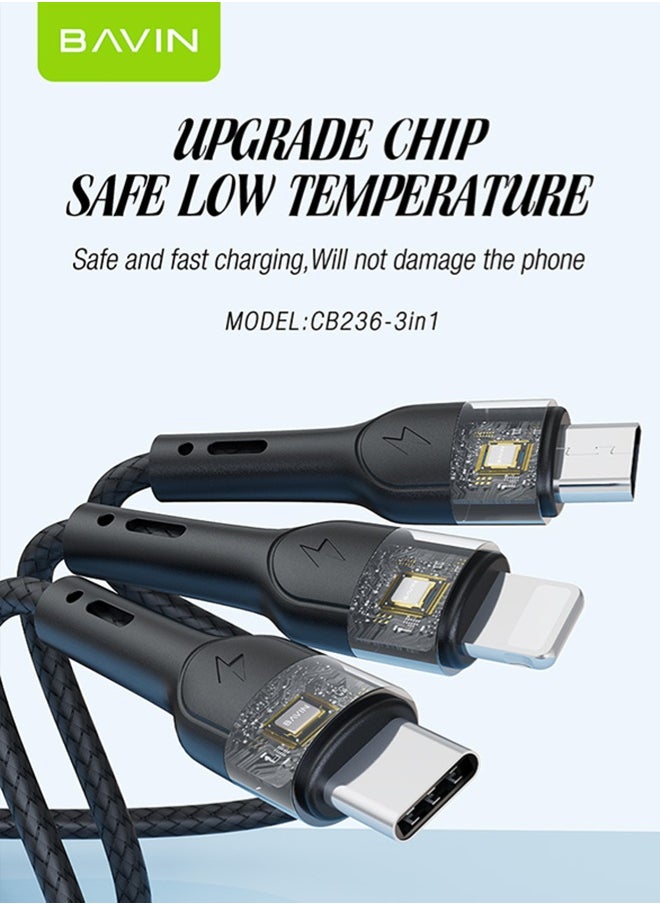 Bavin - 3 in 1 Multi Charging Cable, Nylon Braided 1.2M 18W USB to Lightning & USB-C USB to Micro Multi Charger Cord for Multiple Devices Apple & Android Fast Charger Cable Black - Image 1