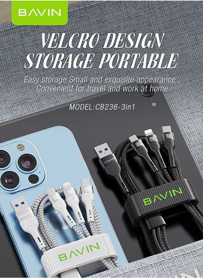 Bavin - 3 in 1 Multi Charging Cable, Nylon Braided 1.2M 18W USB to Lightning & USB-C USB to Micro Multi Charger Cord for Multiple Devices Apple & Android Fast Charger Cable Black - Image 1