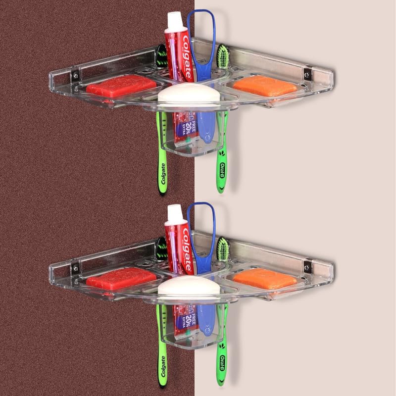 iSTAR Acrylic 5 in 1 Corner Soap case/Transparent Heavy Plastic Unbreakable Corner, Plastic Wall Shelf Acrylic Wall Shelf (Clear, Pack of 2) - Image 1