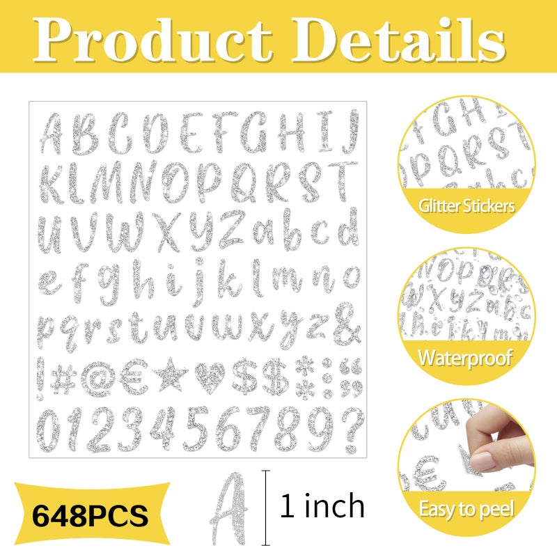 starboling 648 PCS Gold Sticker Letters,Self-Adhesive Glitter Number Stickers for Graduation Cap,Scrapbooking,Water Bottles Cup(8 Sheets Silver) - Image 2