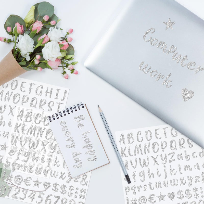 starboling 648 PCS Gold Sticker Letters,Self-Adhesive Glitter Number Stickers for Graduation Cap,Scrapbooking,Water Bottles Cup(8 Sheets Silver) - Image 5