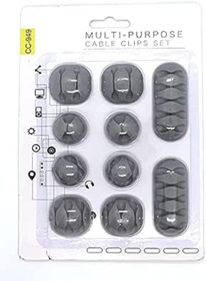 Fresh Cord Managment, 10 Pcs Multi Purpose Cable Clips SET Holders Cell Phone USB Organizer Desktop - Grey