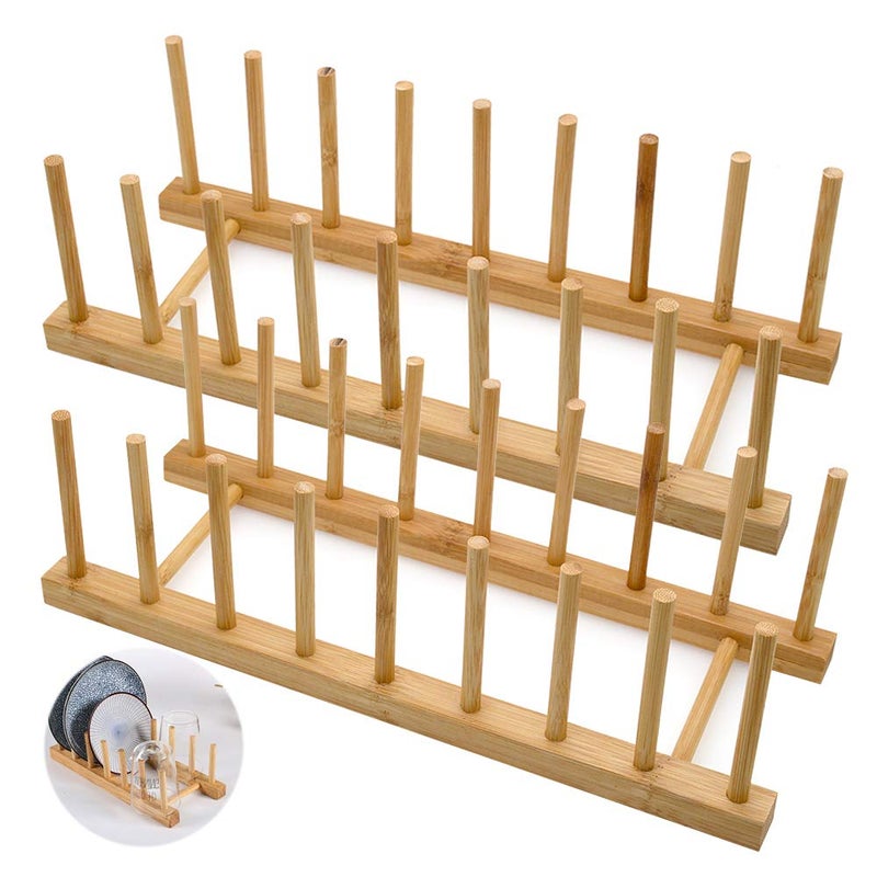 LZYMSZ Set of 2 Bamboo Wooden Dish Rack Plate Rack Stand Pot Lid Holder Kitchen Cabinet Organizer for Bowl Cup Cutting Board and More