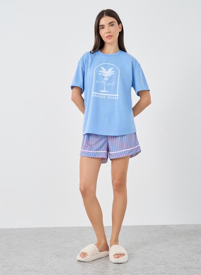 Styli Ocean Theme Paradise Graphic T-Shirt and Striped Short Set - Image 2