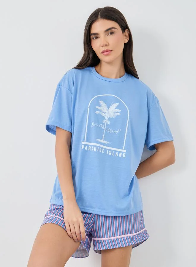 Styli Styli Ocean Theme Paradise Graphic T-Shirt and Striped Short Set
