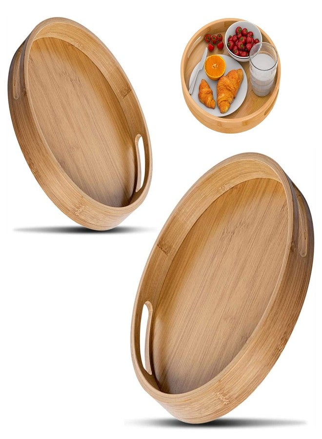 RHBLME 2 Pack Round Wood Tray - 12 Inch & 14 Inch, Handles, Decorative Ottoman Bamboo Serve Tray for Food, Cocktail, Drink - Image 1