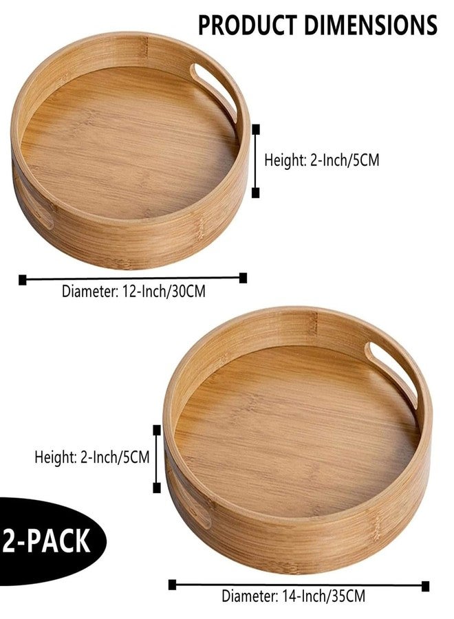 RHBLME 2 Pack Round Wood Tray - 12 Inch & 14 Inch, Handles, Decorative Ottoman Bamboo Serve Tray for Food, Cocktail, Drink - Image 2