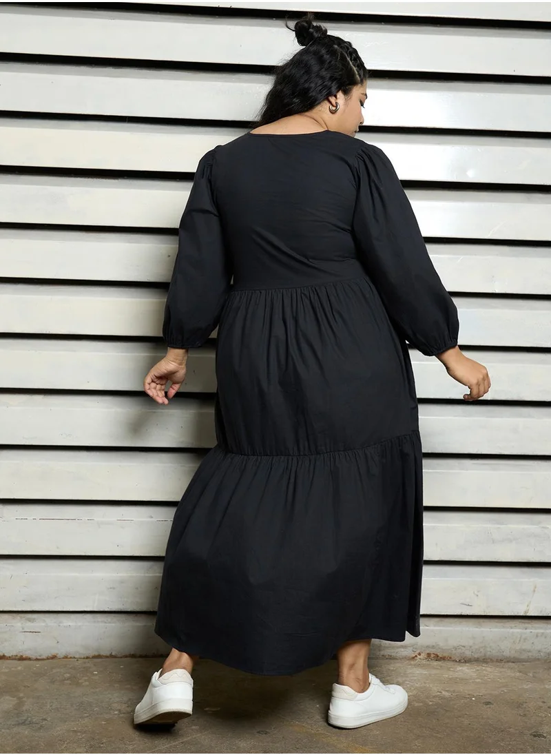 هاي ستار Women's Black 100% Cotton Solid Pattern Midi Smock Flared Dress