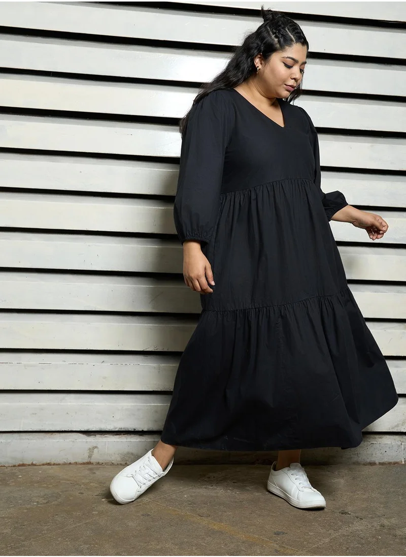 هاي ستار Women's Black 100% Cotton Solid Pattern Midi Smock Flared Dress