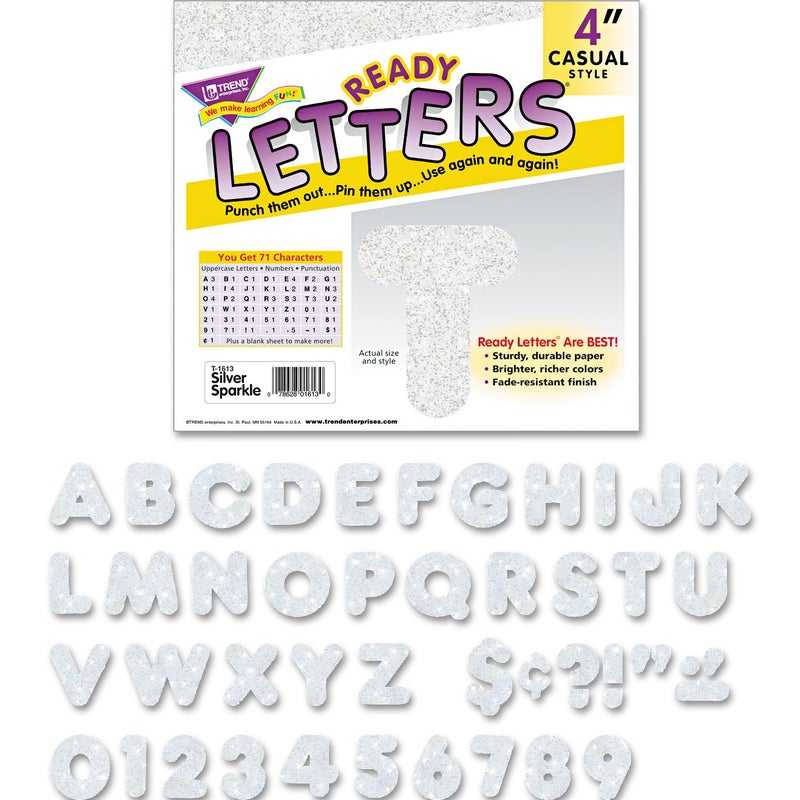 TREND ENTERPRISES Silver Sparkle 4" Casual UC Ready Letters, T-1613 - Image 1