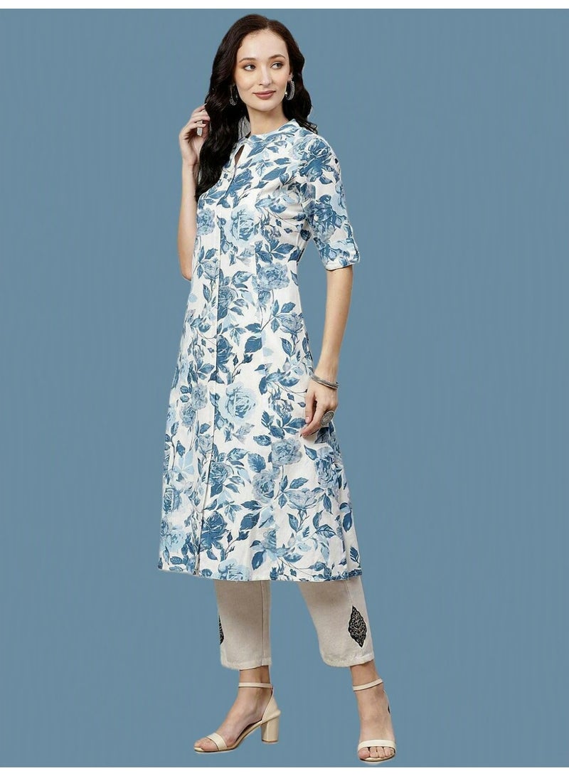 Divena White Panelled A-Line Kurta with Blue Floral Print, Pure Cotton Tunic - Image 4