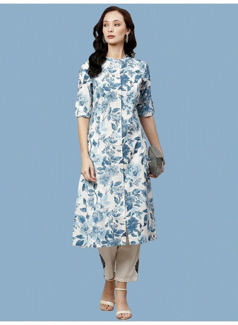 Divena White Panelled A-Line Kurta with Blue Floral Print, Pure Cotton Tunic - Image 1