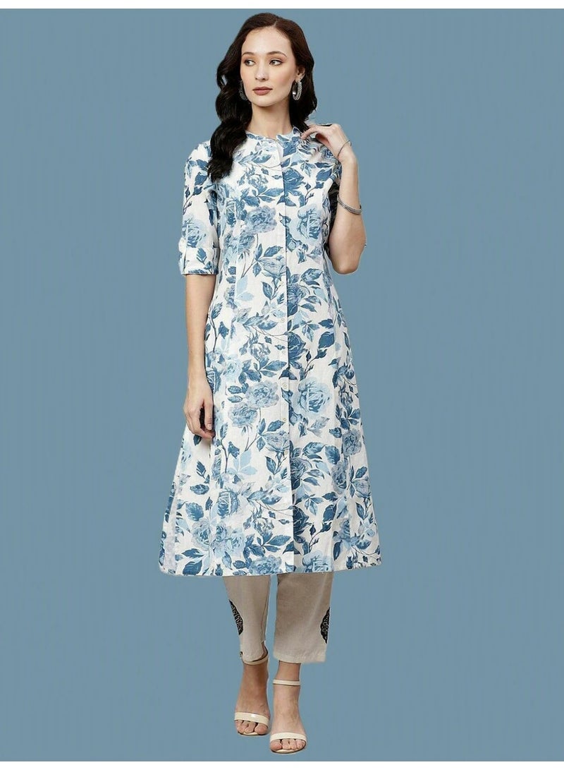 Divena White Panelled A-Line Kurta with Blue Floral Print, Pure Cotton Tunic - Image 3