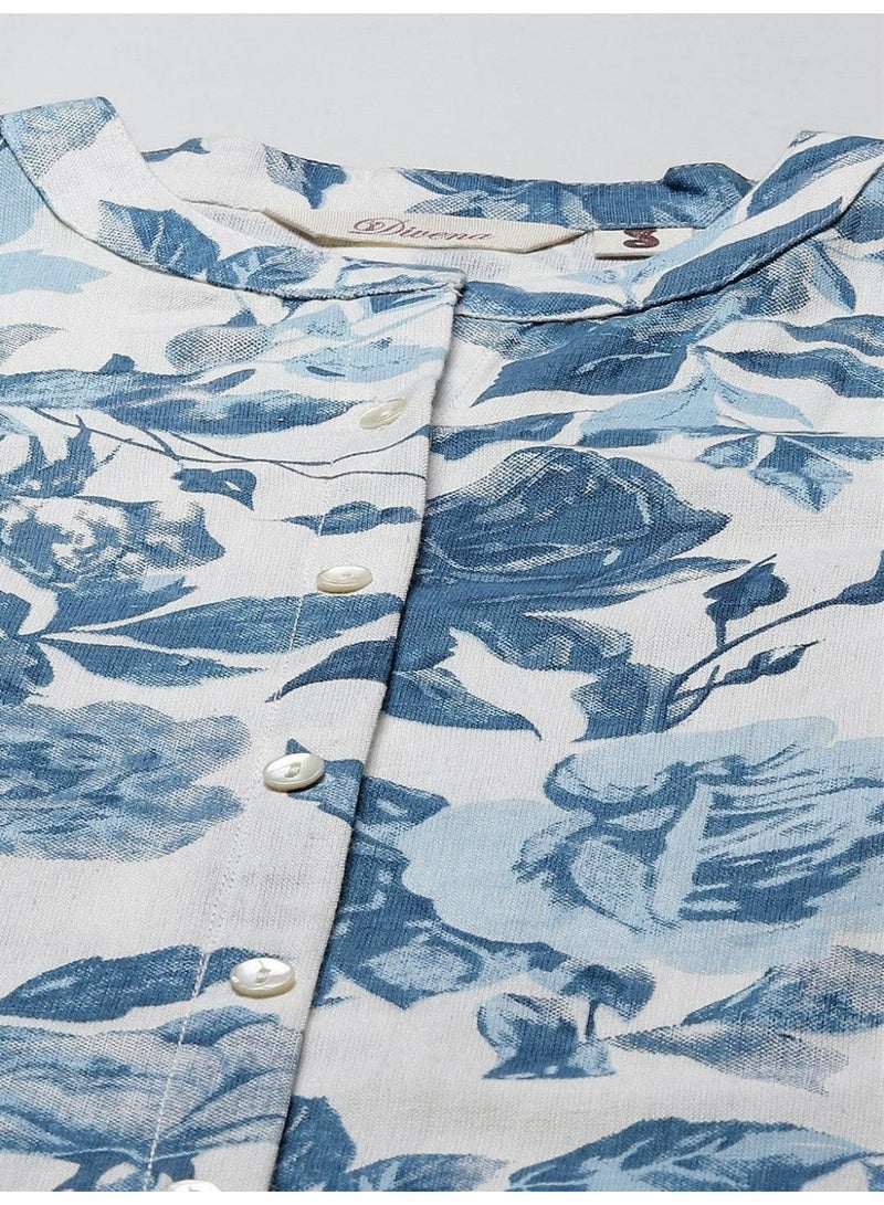 Divena White Panelled A-Line Kurta with Blue Floral Print, Pure Cotton Tunic - Image 2