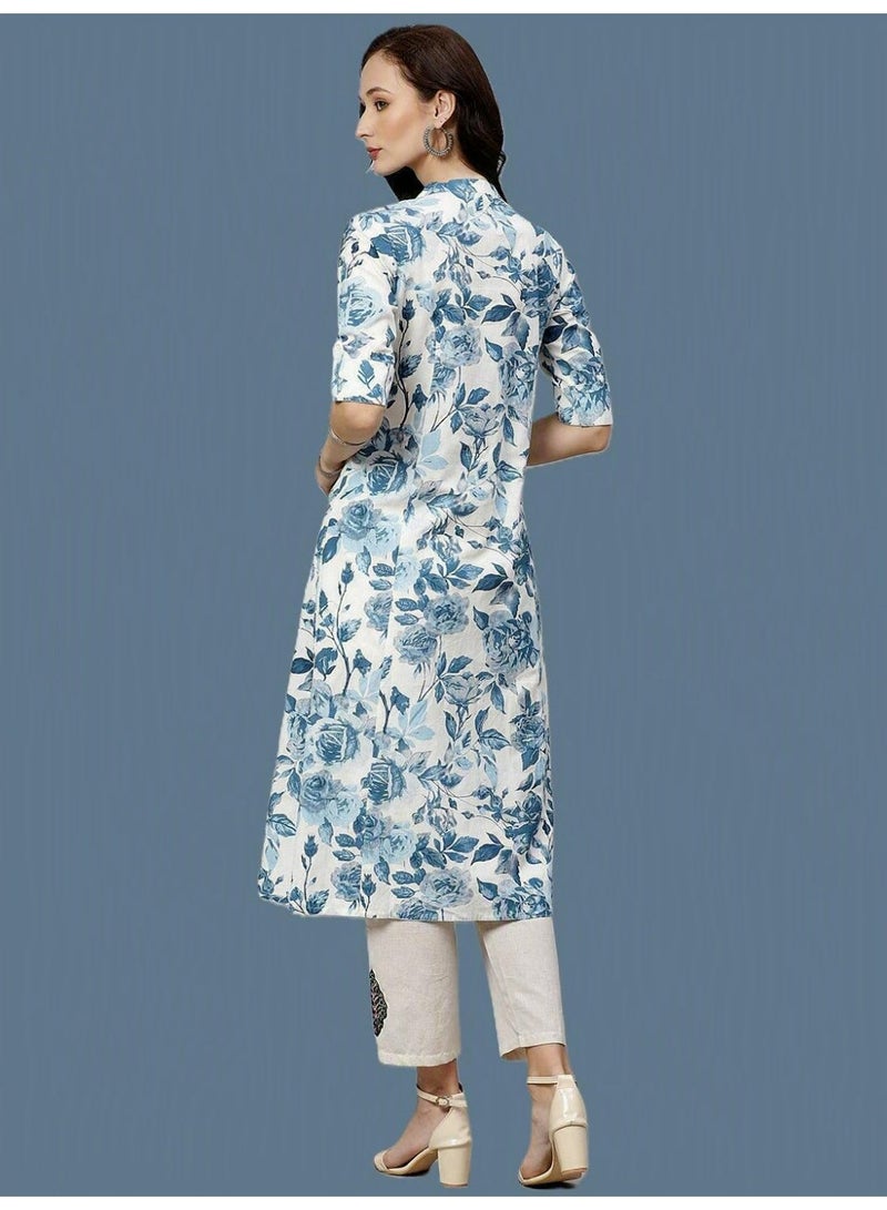 Divena White Panelled A-Line Kurta with Blue Floral Print, Pure Cotton Tunic - Image 5