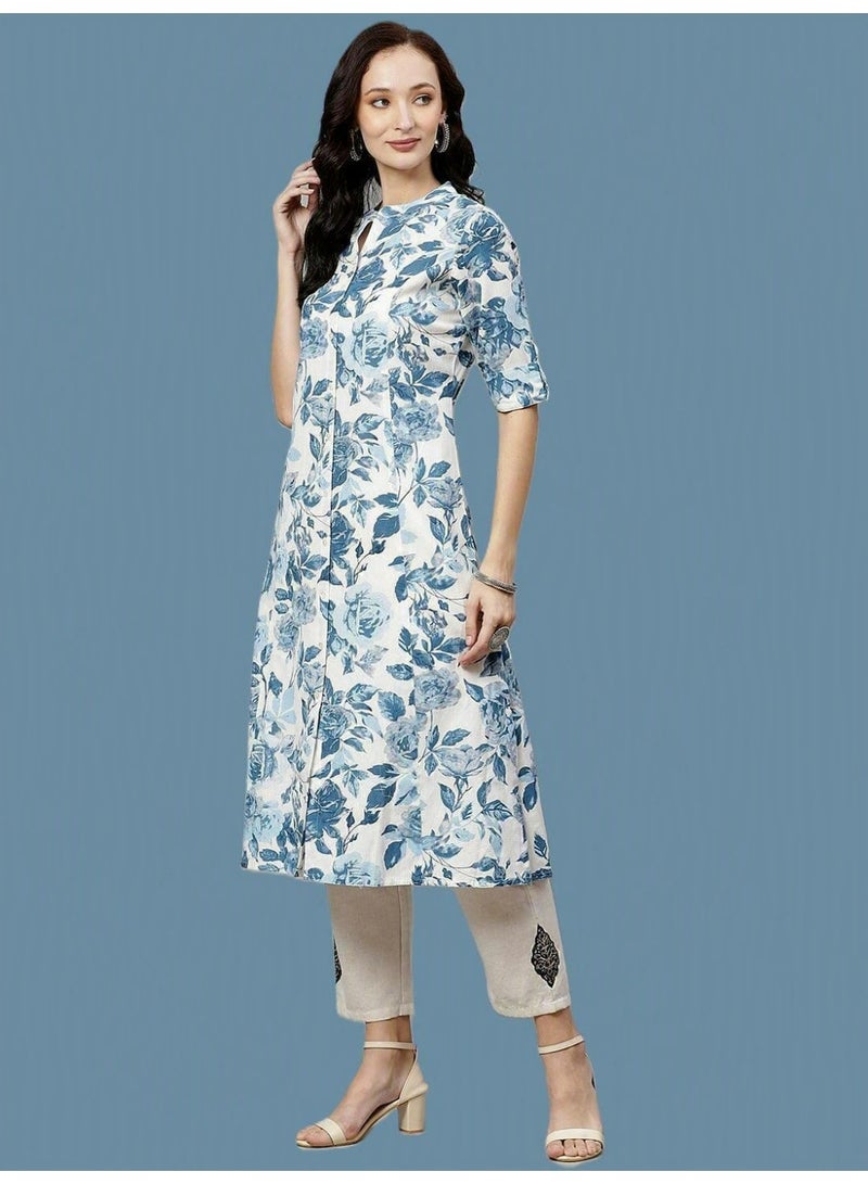 Divena White Panelled A-Line Kurta with Blue Floral Print, Pure Cotton Tunic - Image 4