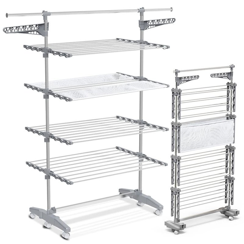 VOUNOT Large 4 Tier Clothes Airer Laundry Drying Rack Stainless Steel Clothes Horse with Foldable Wings Telescopic Rod for Indoor Outdoor