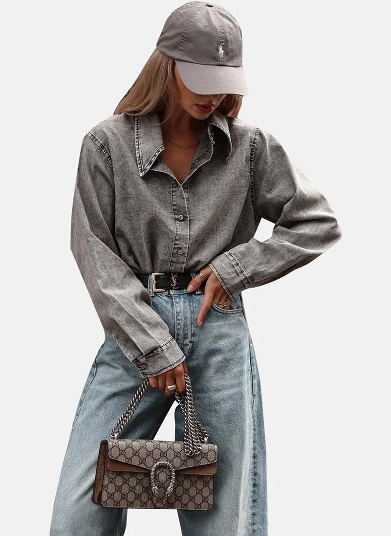 يونيكي Grey Relaxed Fit Spread Collar Long Sleeves Shirts