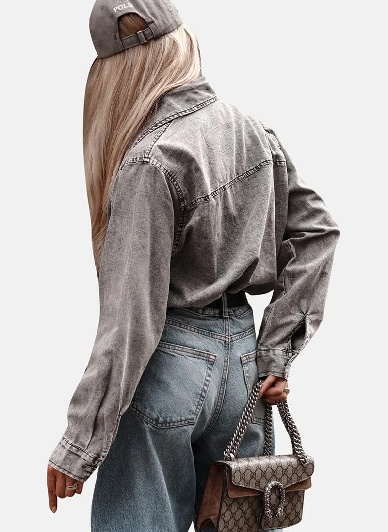 يونيكي Grey Relaxed Fit Spread Collar Long Sleeves Shirts