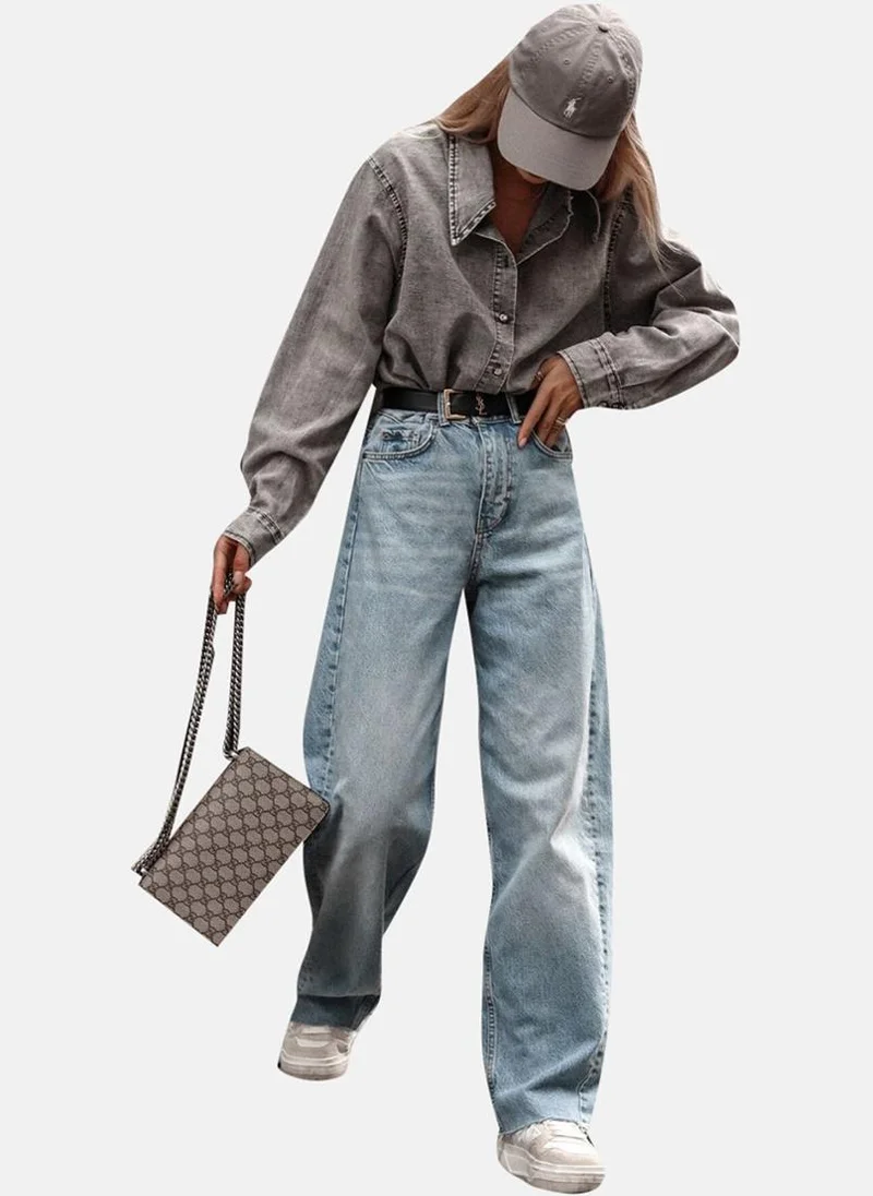 يونيكي Grey Relaxed Fit Spread Collar Long Sleeves Shirts