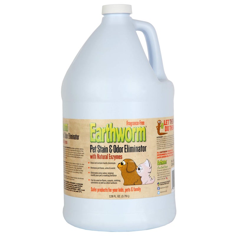 Earthworm Pet Stain Remover & Odor Eliminator- Removes Urine Smell with Natural Enzyme Formula, Fragrance Free Spray - 128 oz