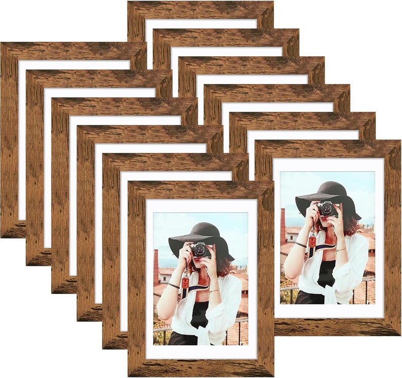 Picrit 5x7 Picture Frame Set of 12, Display 4x6 with Mat or 5x7 without Mat, Photo Frames for Wall Mounting or Table Top Display, Brown - Image 1