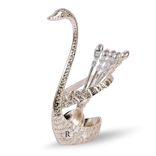 Rustic Relics Swan Baby Spoon Set - 6Pcs Spoons with Stand | Silver Polished Metal Made Beautiful Cutlary Showpiece Set | Dining Table Décor - Silver Finish - Image 1