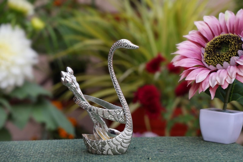 Rustic Relics Swan Baby Spoon Set - 6Pcs Spoons with Stand | Silver Polished Metal Made Beautiful Cutlary Showpiece Set | Dining Table Décor - Silver Finish - Image 3