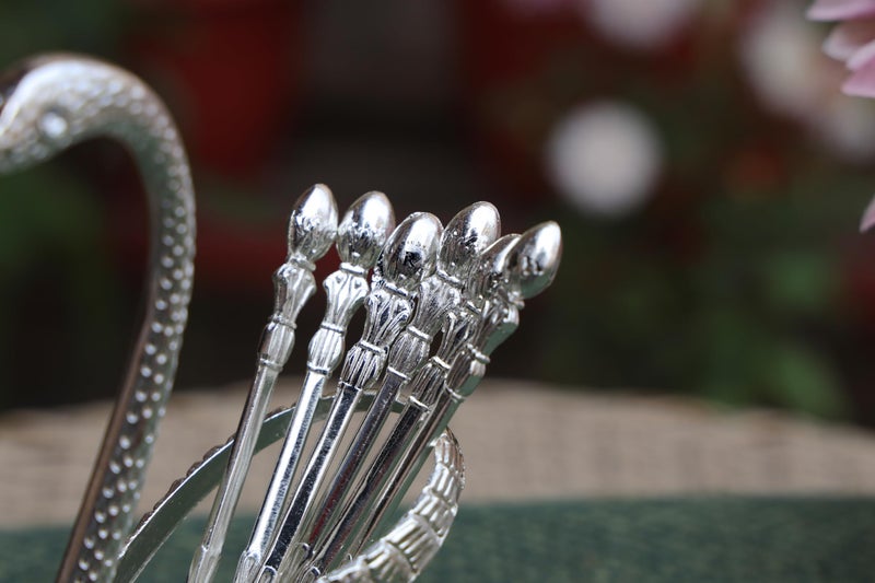 Rustic Relics Swan Baby Spoon Set - 6Pcs Spoons with Stand | Silver Polished Metal Made Beautiful Cutlary Showpiece Set | Dining Table Décor - Silver Finish - Image 5