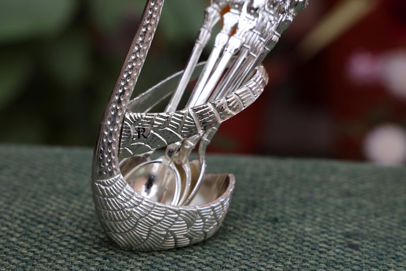 Rustic Relics Swan Baby Spoon Set - 6Pcs Spoons with Stand | Silver Polished Metal Made Beautiful Cutlary Showpiece Set | Dining Table Décor - Silver Finish - Image 4
